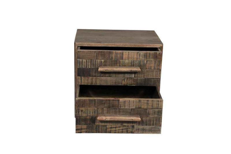 26" Brown Solid Wood Carved Geometric Two Drawer Nightstand