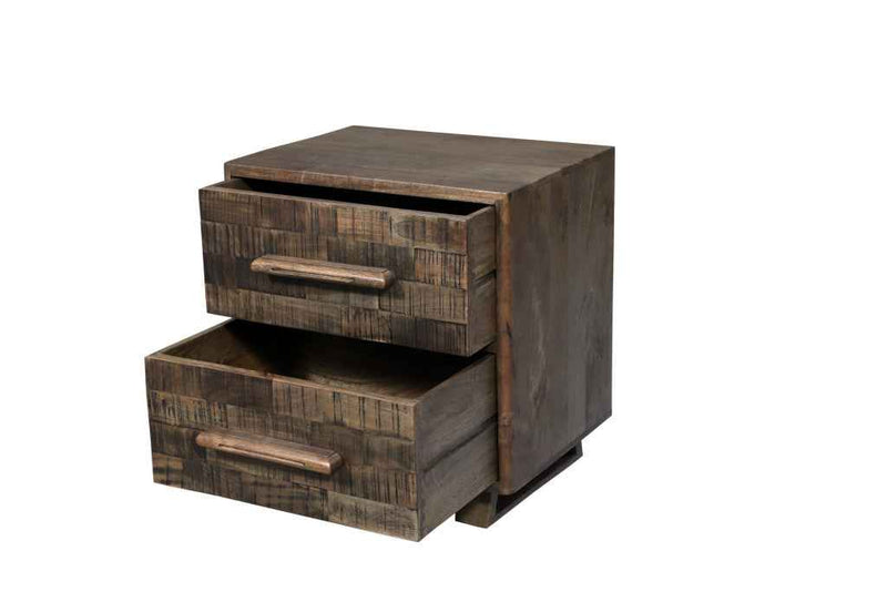 26" Brown Solid Wood Carved Geometric Two Drawer Nightstand