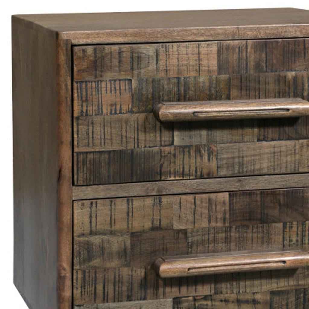 26" Brown Solid Wood Carved Geometric Two Drawer Nightstand