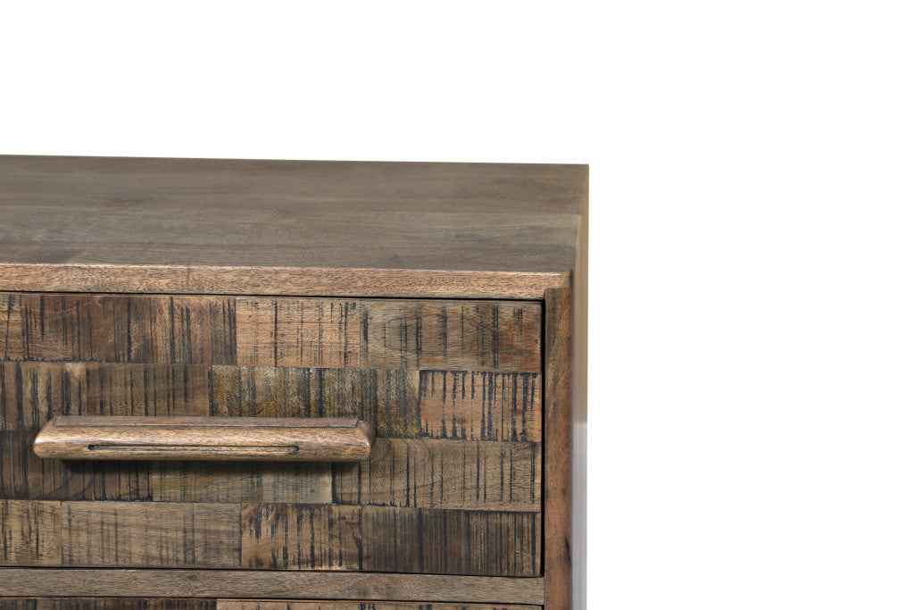 26" Brown Solid Wood Carved Geometric Two Drawer Nightstand