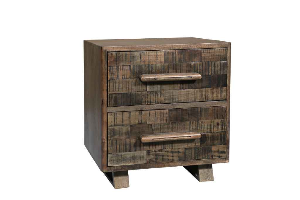 26" Brown Solid Wood Carved Geometric Two Drawer Nightstand