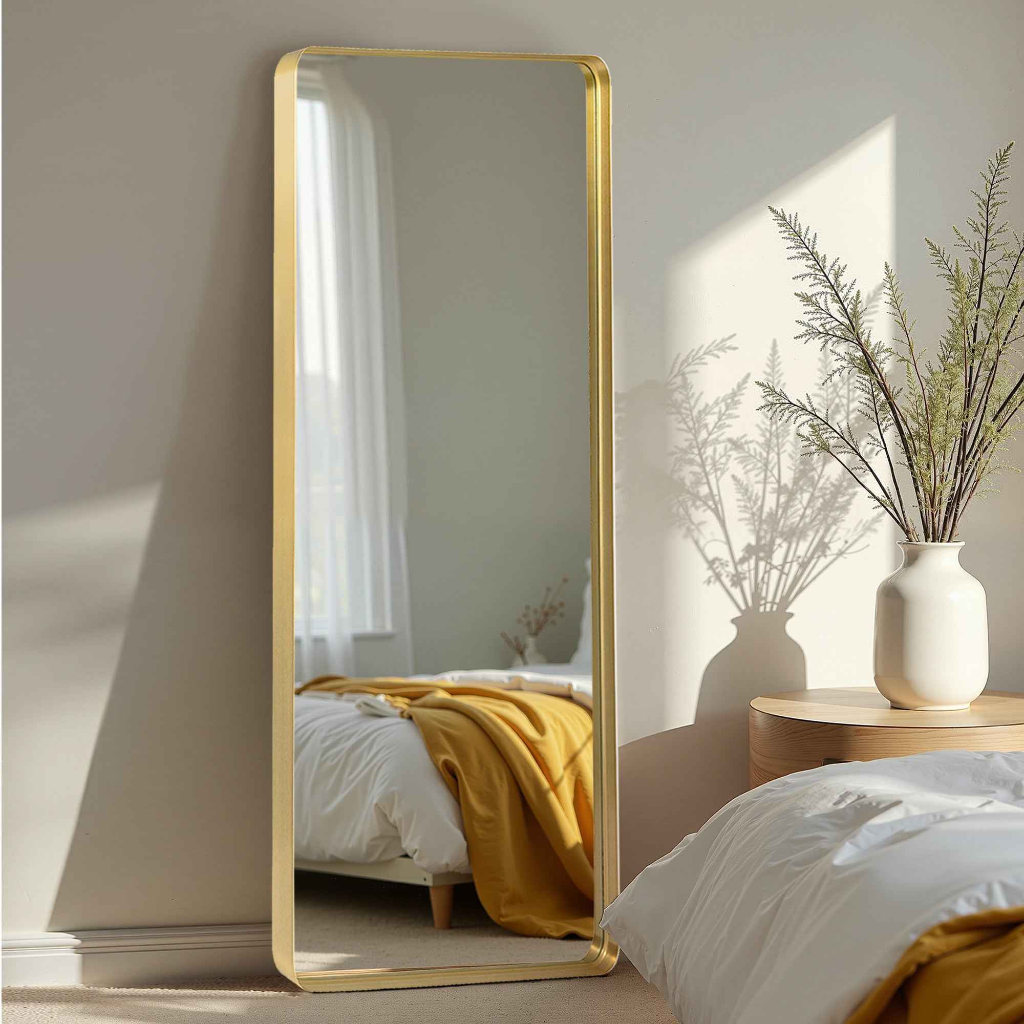 Gold Aluminum Freestanding Ornate Framed Accent Mirror