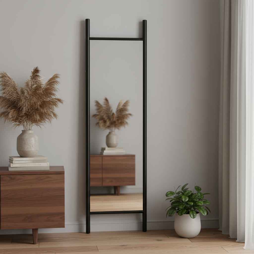 64" Black Wood Leaning Ladder Framed Full Length Mirror