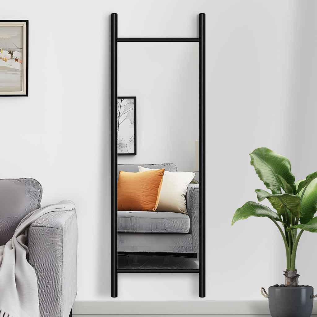 64" Black Wood Leaning Ladder Framed Full Length Mirror
