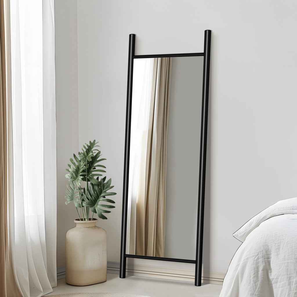 64" Black Wood Leaning Ladder Framed Full Length Mirror