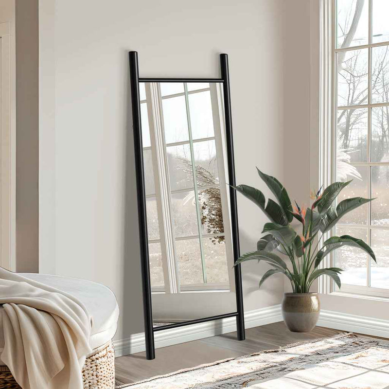 64" Black Wood Leaning Ladder Framed Full Length Mirror