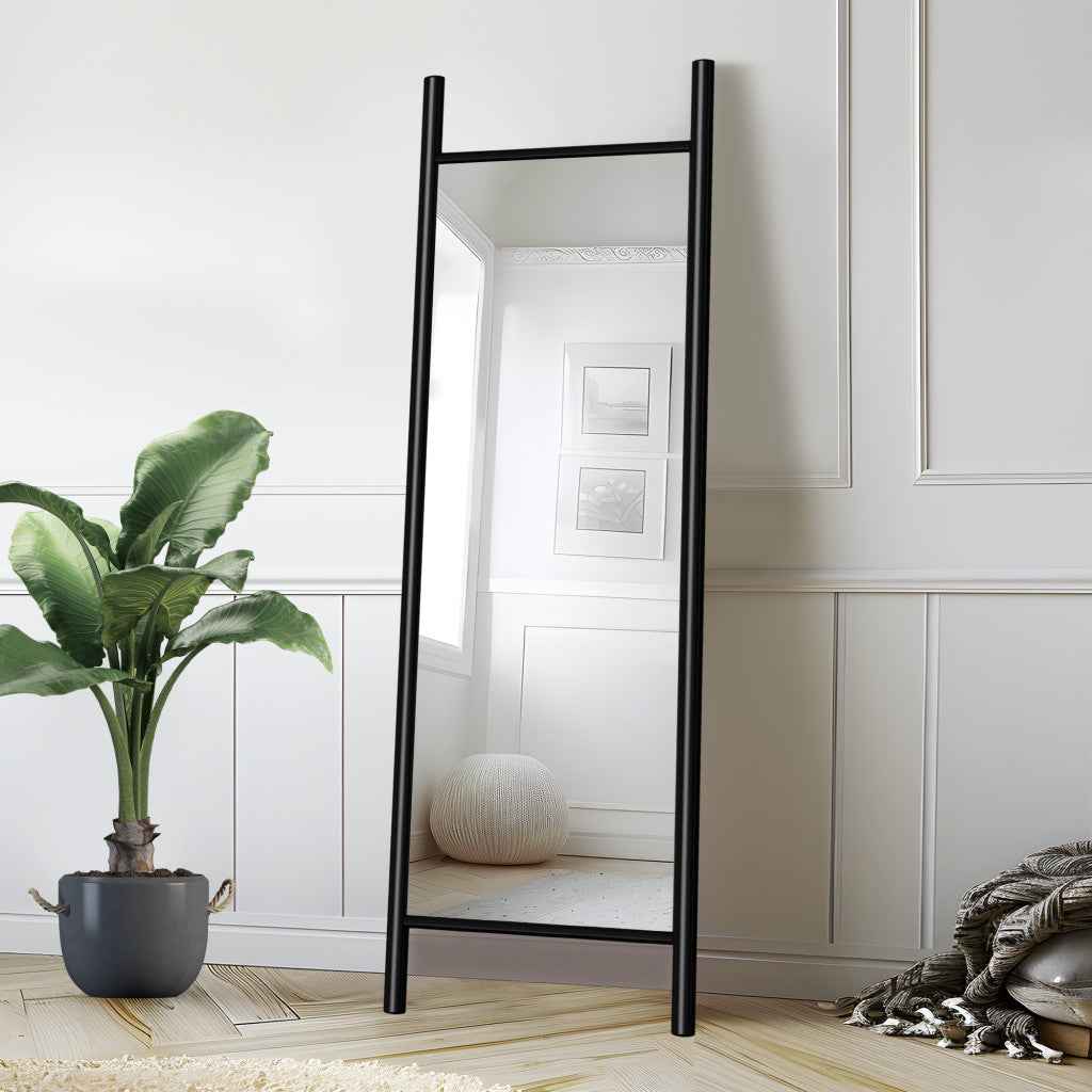 64" Black Wood Leaning Ladder Framed Full Length Mirror