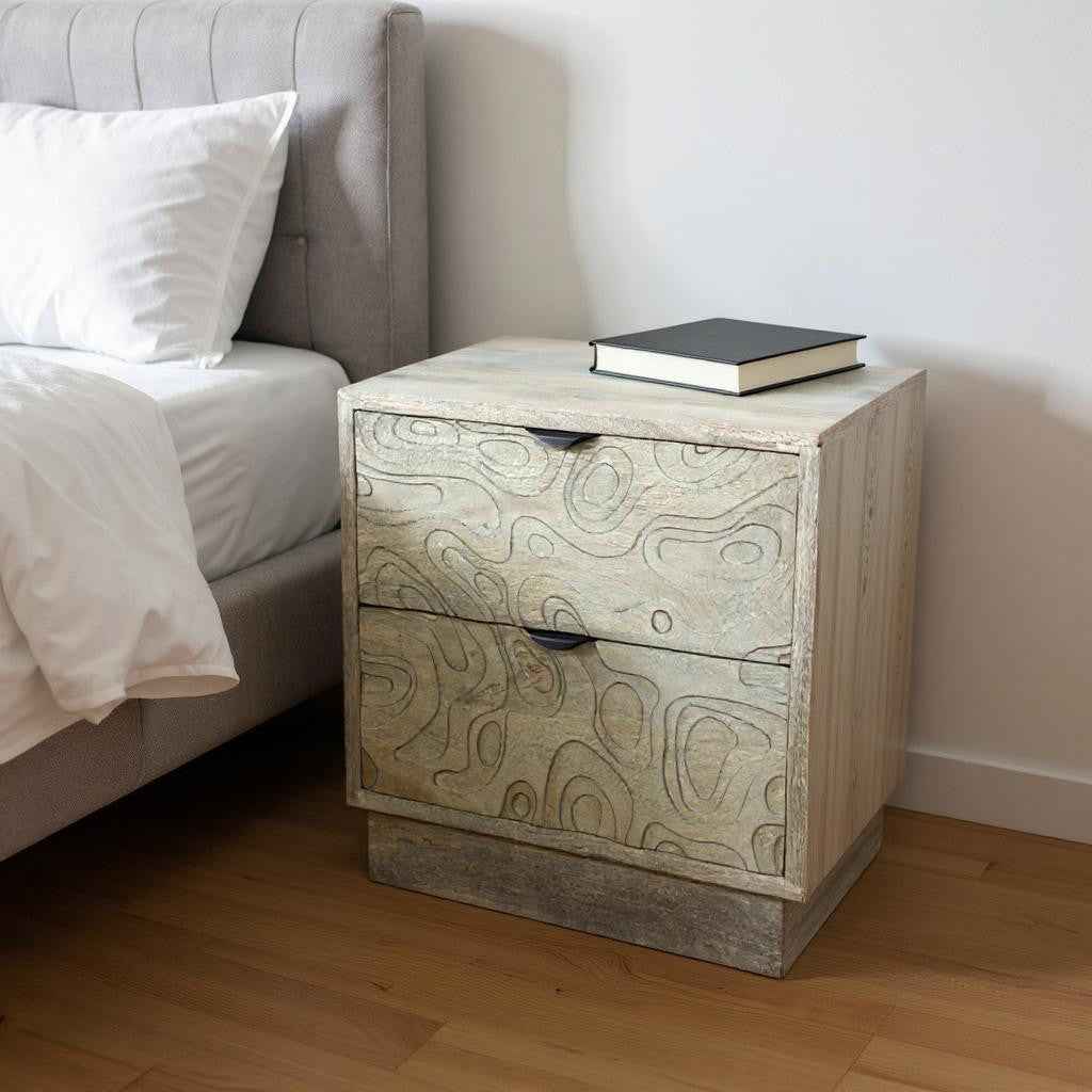 26" Gray Solid Wood Carved Abstract Two Drawer Nightstand