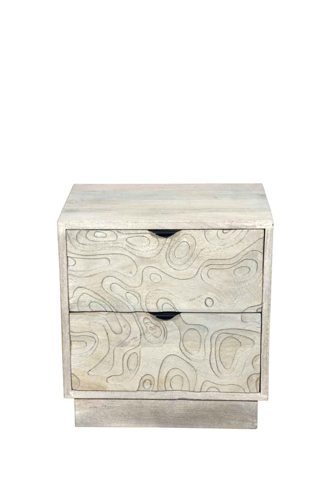 26" Gray Solid Wood Carved Abstract Two Drawer Nightstand