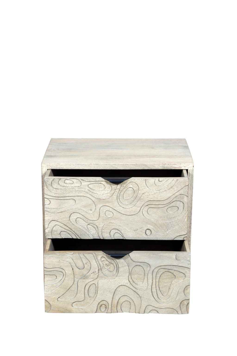 26" Gray Solid Wood Carved Abstract Two Drawer Nightstand