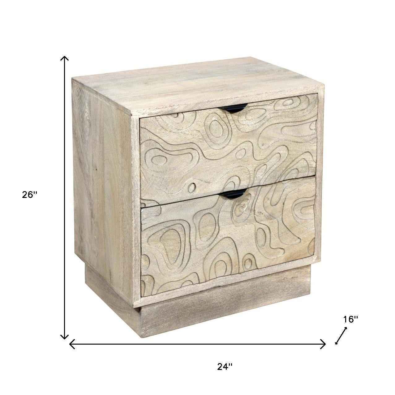 26" Gray Solid Wood Carved Abstract Two Drawer Nightstand
