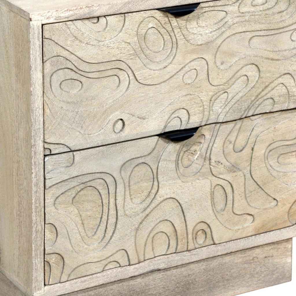 26" Gray Solid Wood Carved Abstract Two Drawer Nightstand
