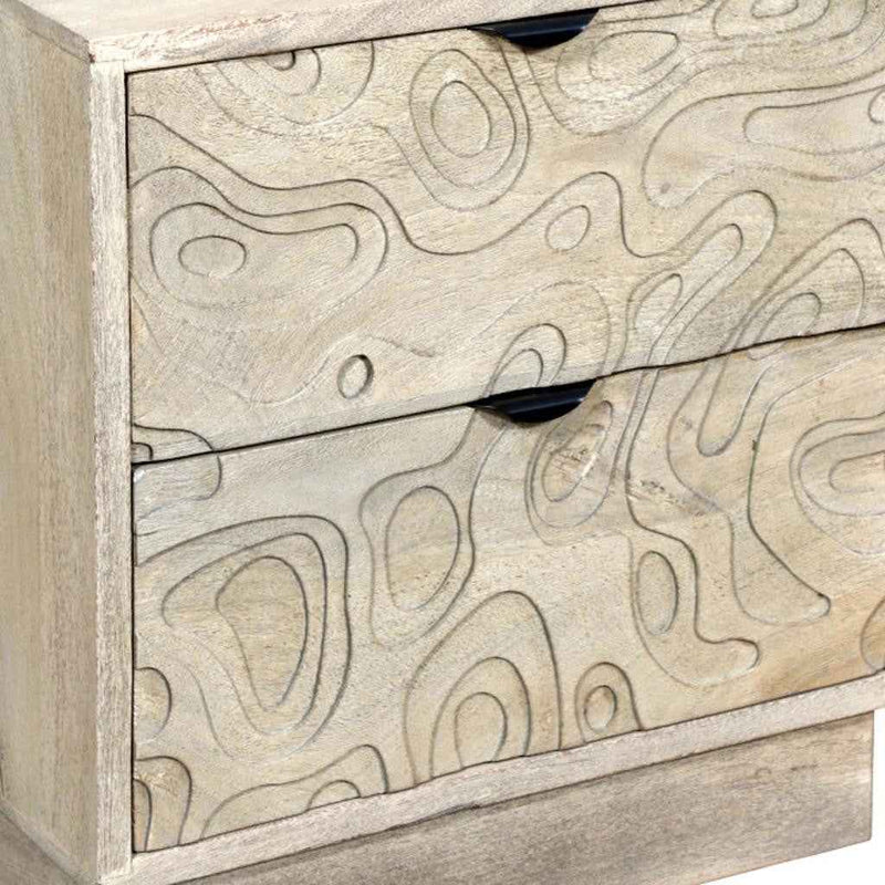 26" Gray Solid Wood Carved Abstract Two Drawer Nightstand