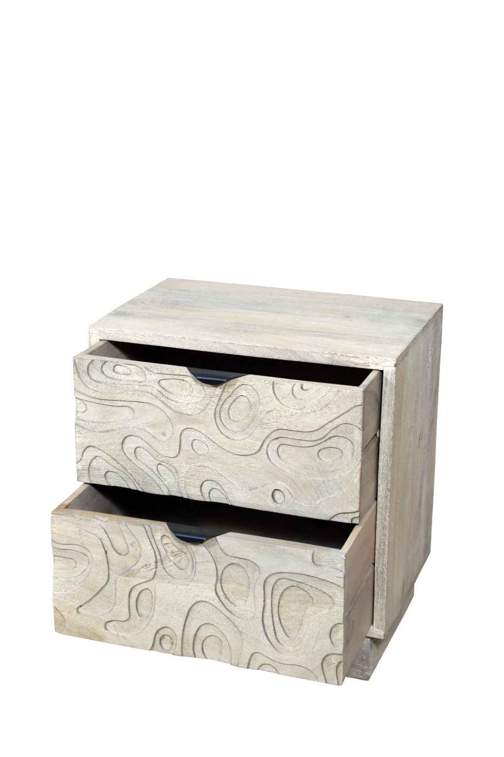 26" Gray Solid Wood Carved Abstract Two Drawer Nightstand