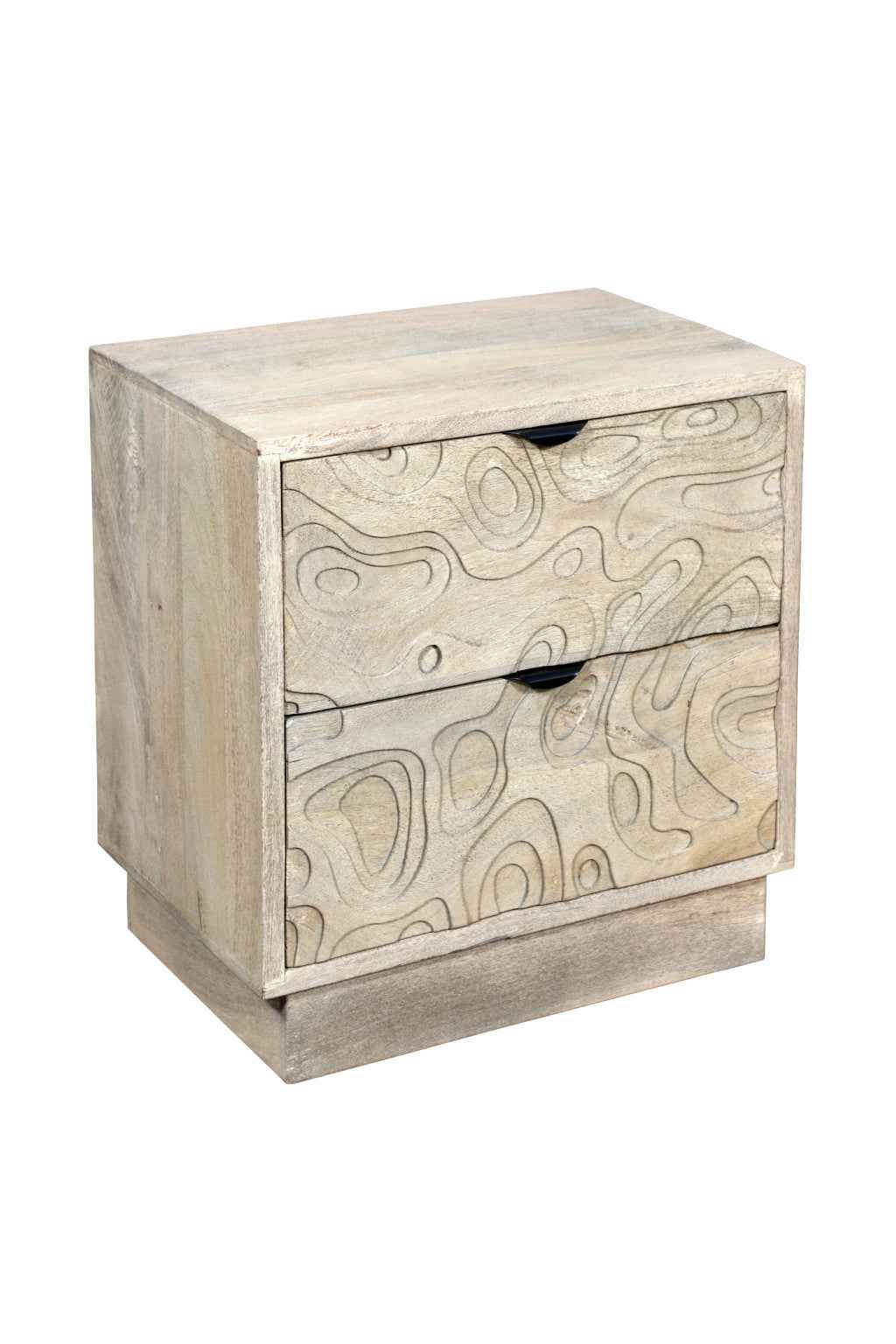 26" Gray Solid Wood Carved Abstract Two Drawer Nightstand