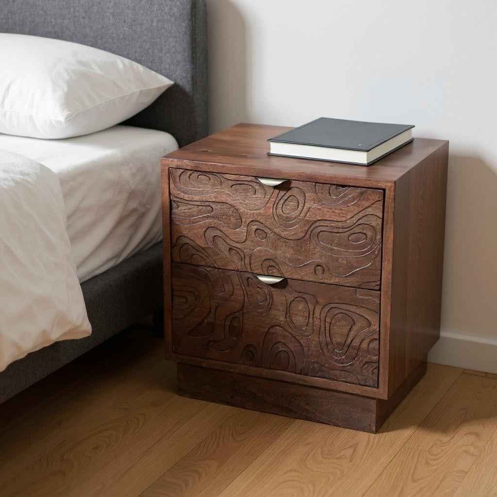 26" Brown Solid Wood Carved Abstract Two Drawer Nightstand