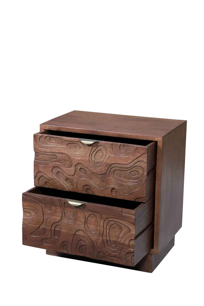 26" Brown Solid Wood Carved Abstract Two Drawer Nightstand