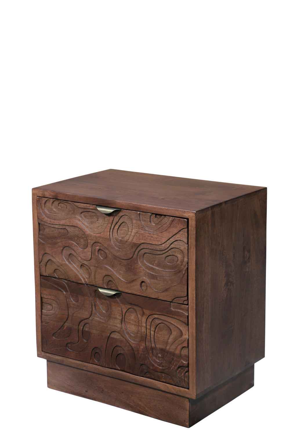 26" Brown Solid Wood Carved Abstract Two Drawer Nightstand
