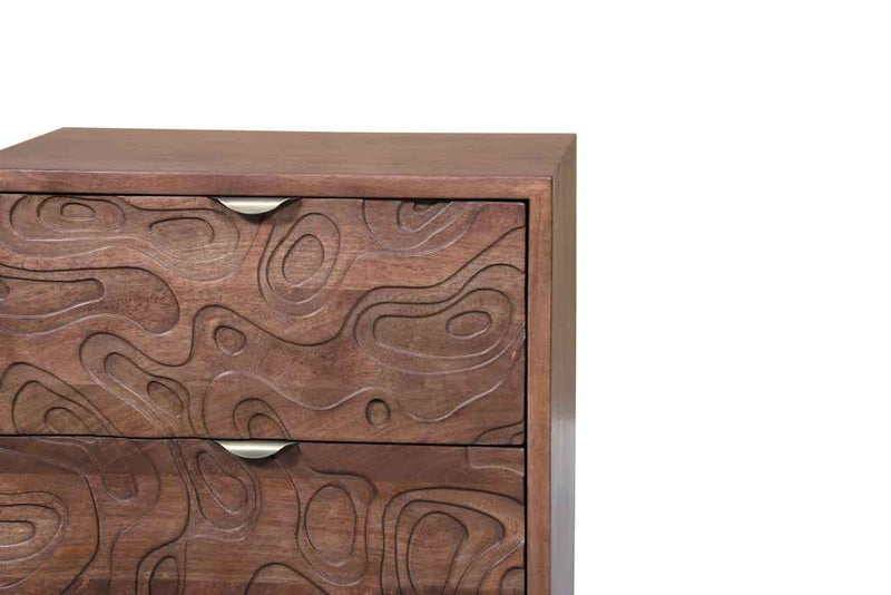 26" Brown Solid Wood Carved Abstract Two Drawer Nightstand