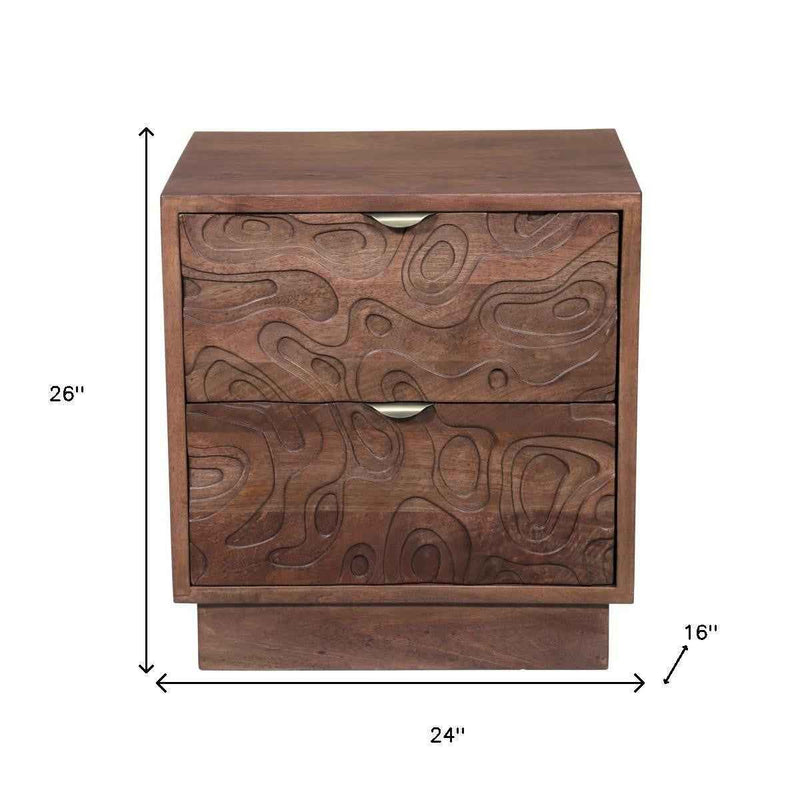 26" Brown Solid Wood Carved Abstract Two Drawer Nightstand