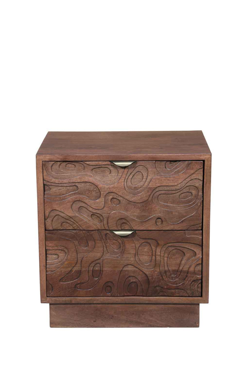 26" Brown Solid Wood Carved Abstract Two Drawer Nightstand