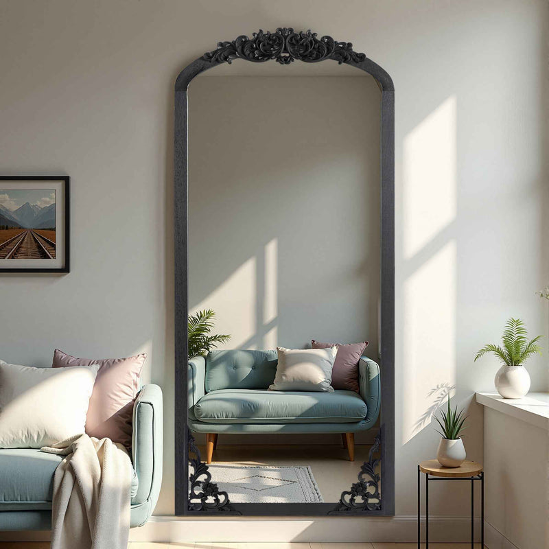 Black Wood Arch Freestanding Ornate Framed Accent Mirror