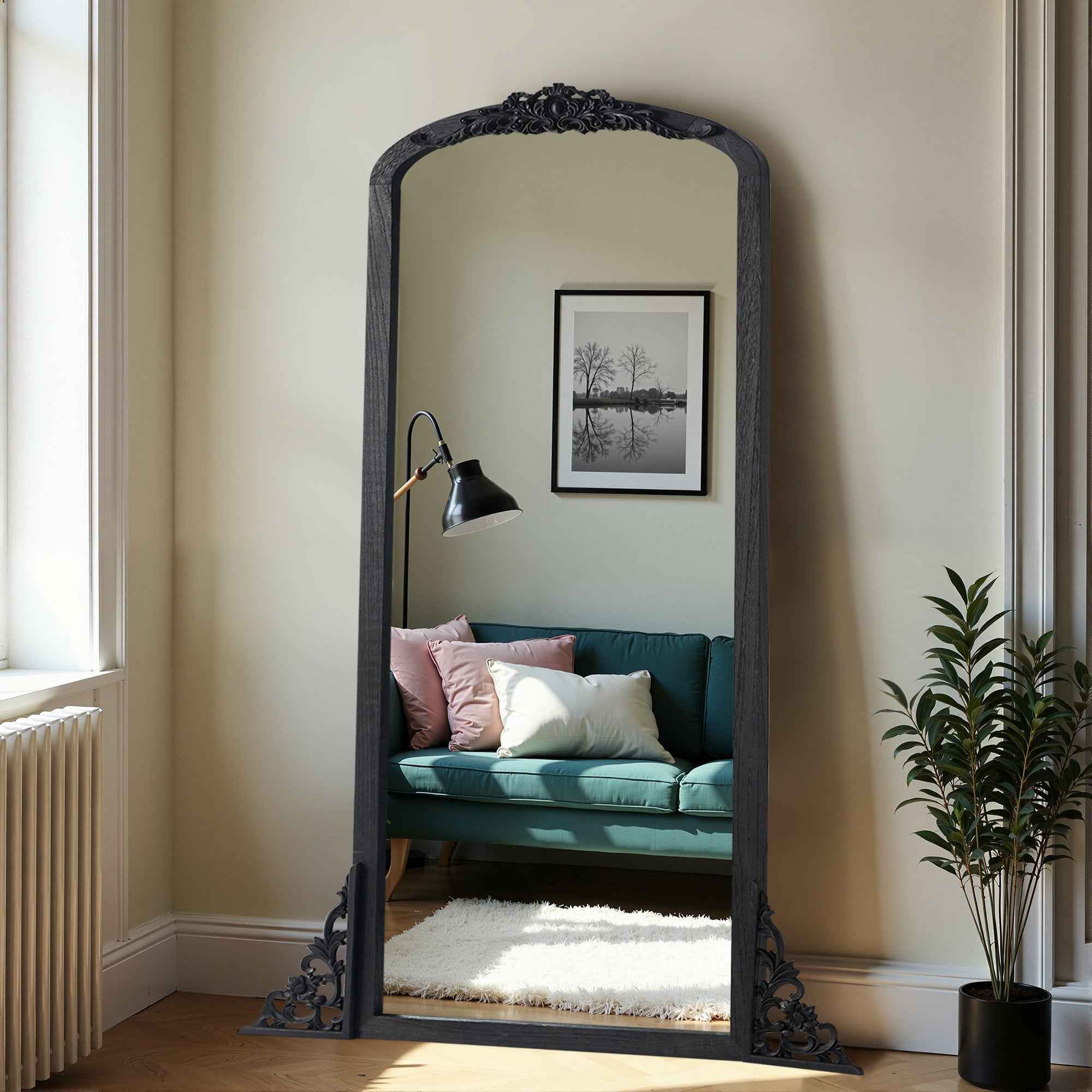 Black Wood Arch Freestanding Ornate Framed Accent Mirror