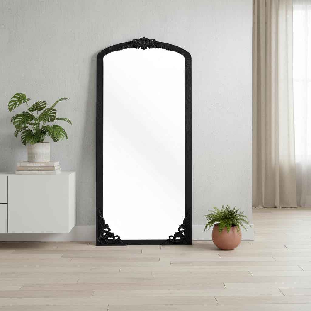 Black Wood Arch Freestanding Ornate Framed Accent Mirror