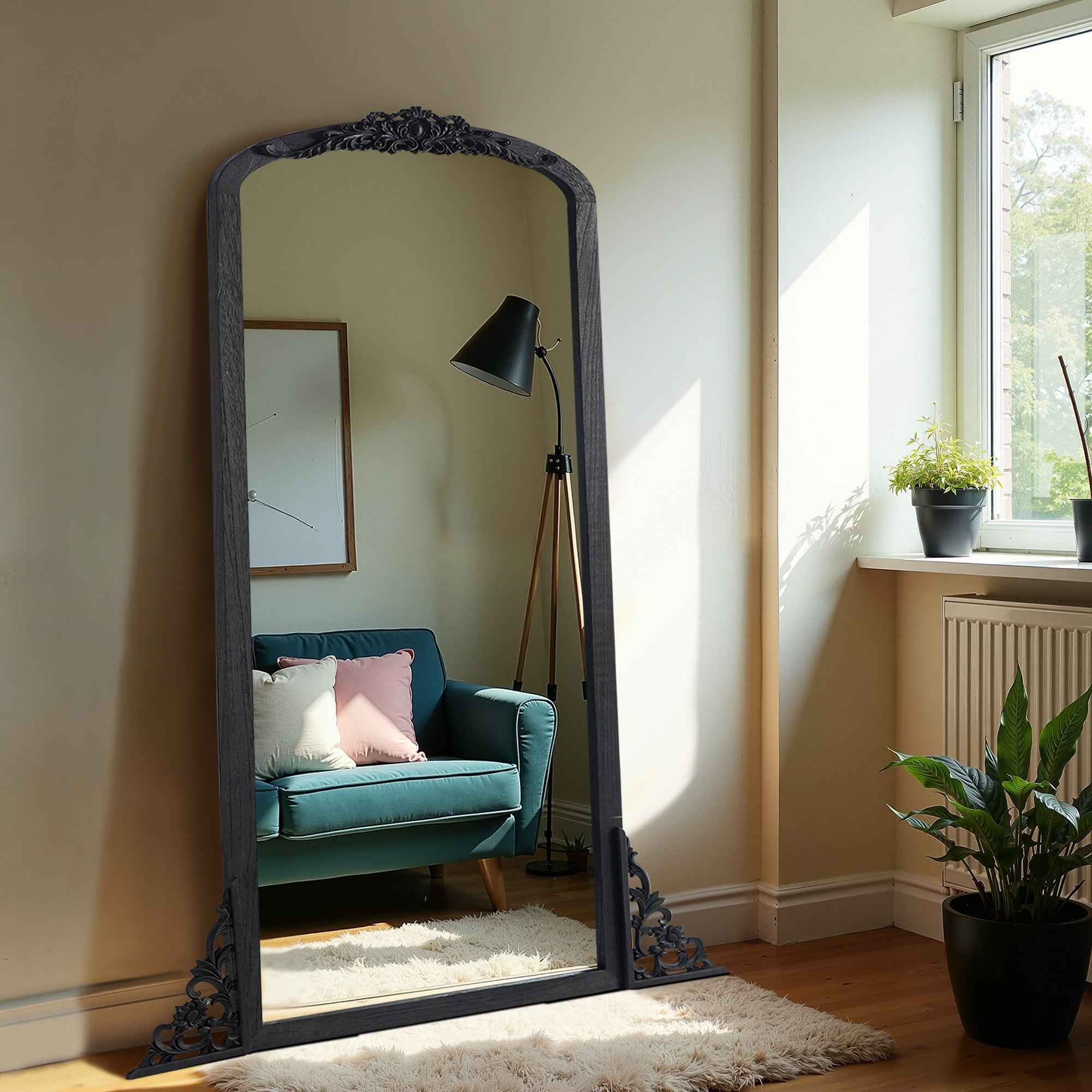 Black Wood Arch Freestanding Ornate Framed Accent Mirror