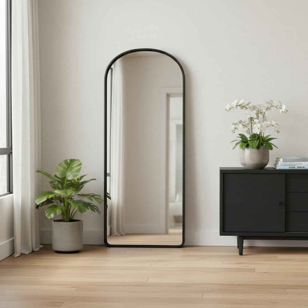 Black Aluminum Arch Freestanding Ornate Framed Accent Mirror