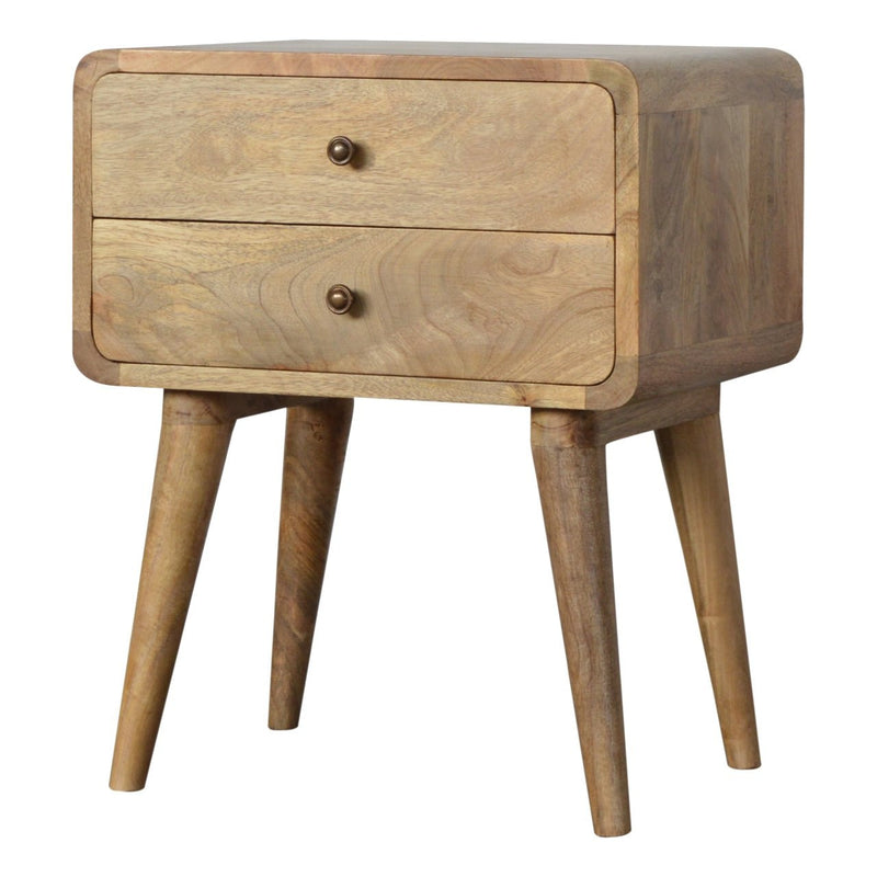 Oak nightstand with two drawers, round metal knobs, and four tapered legs