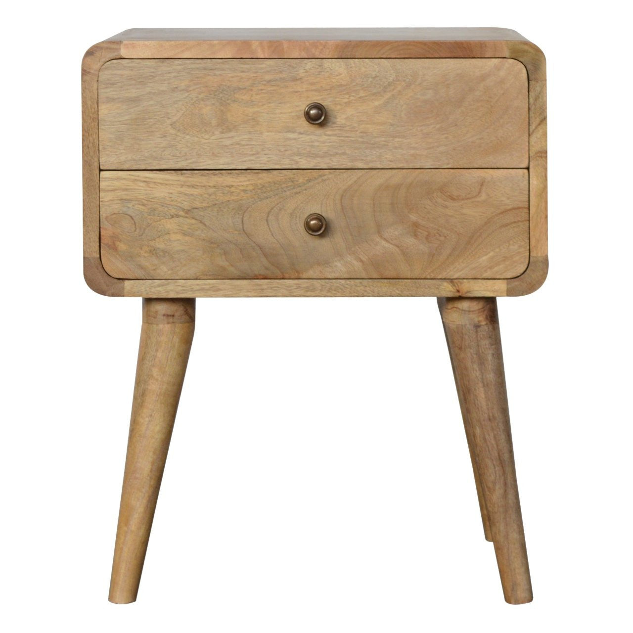 Oak nightstand with two drawers and round metal knobs on tapered legs