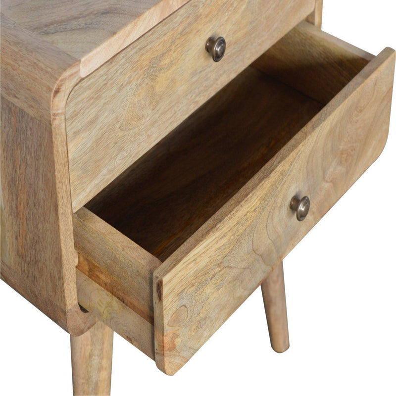 Oak nightstand showing open drawer interior with metal knobs and tapered legs