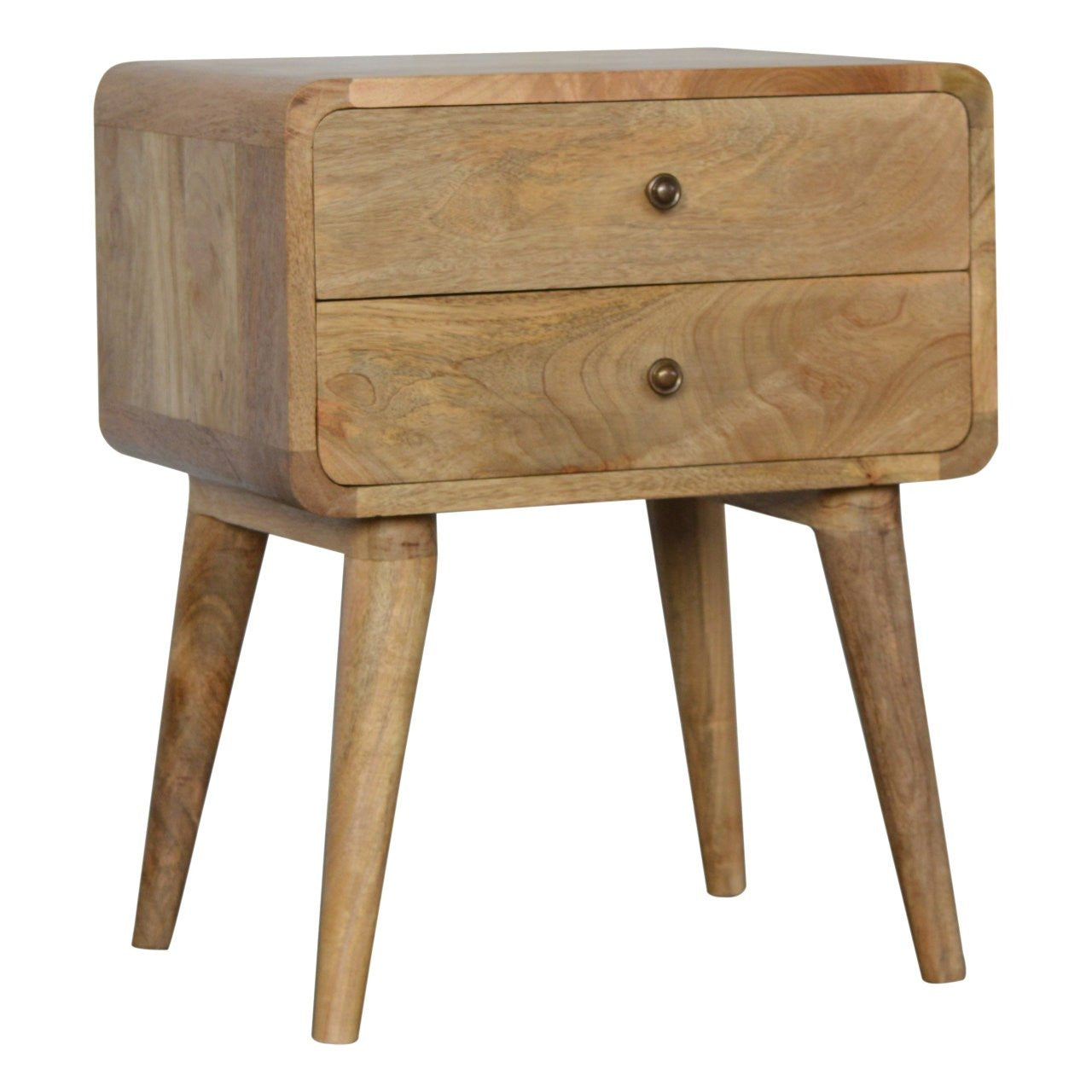 Oak nightstand with two drawers and round knobs on tapered legs, side view