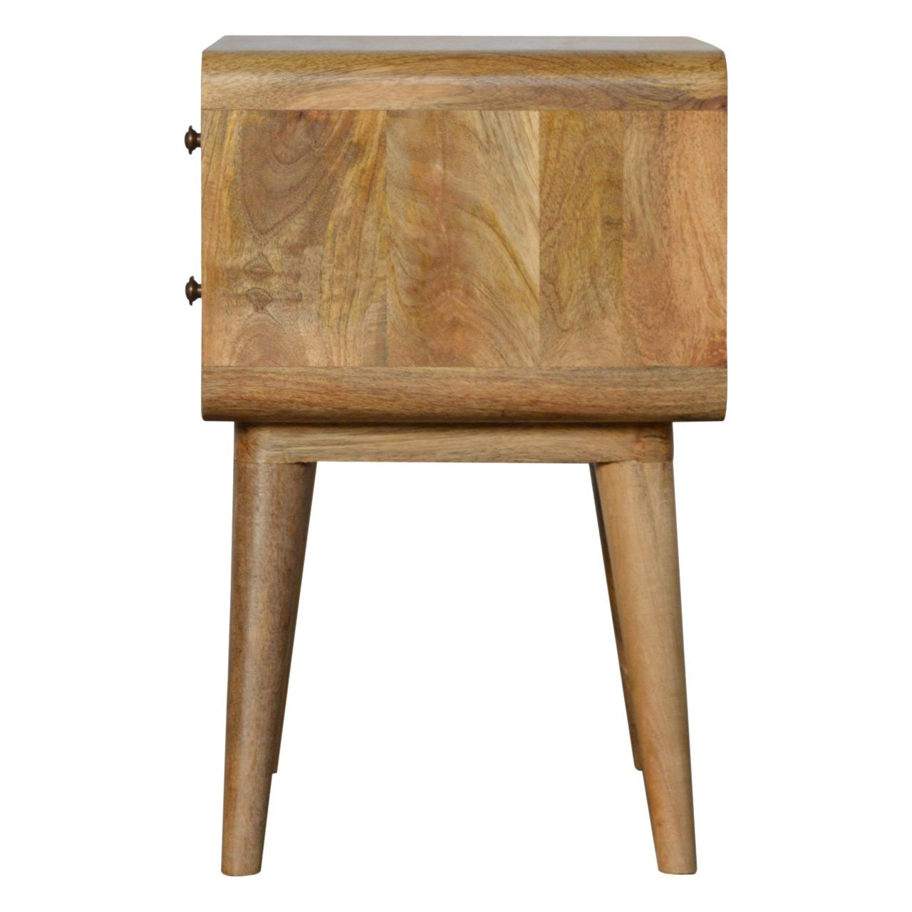 Oak nightstand end panel with two drawers, metal hinges, and tapered legs