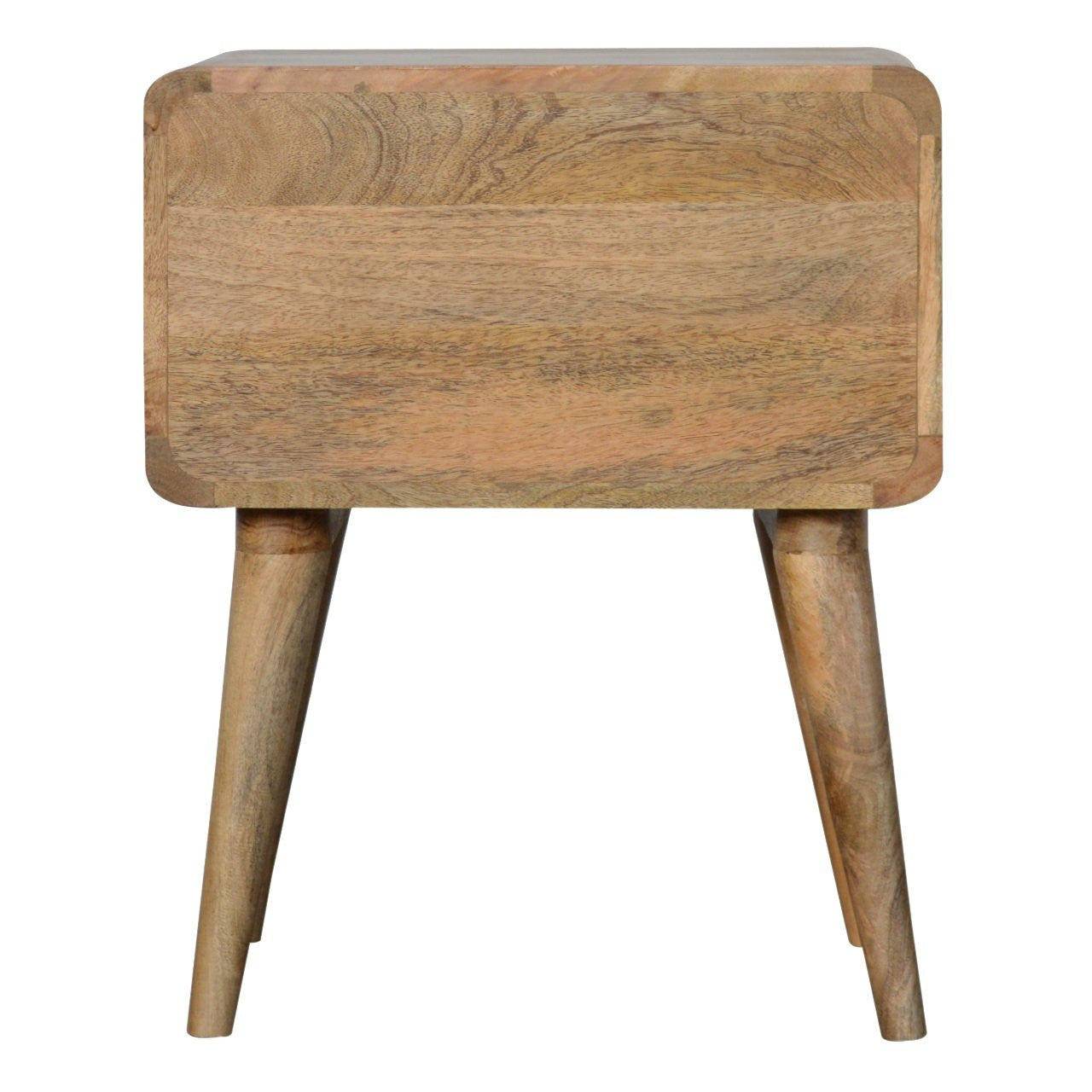 Oak nightstand with two drawers and solid wood back panel on tapered legs
