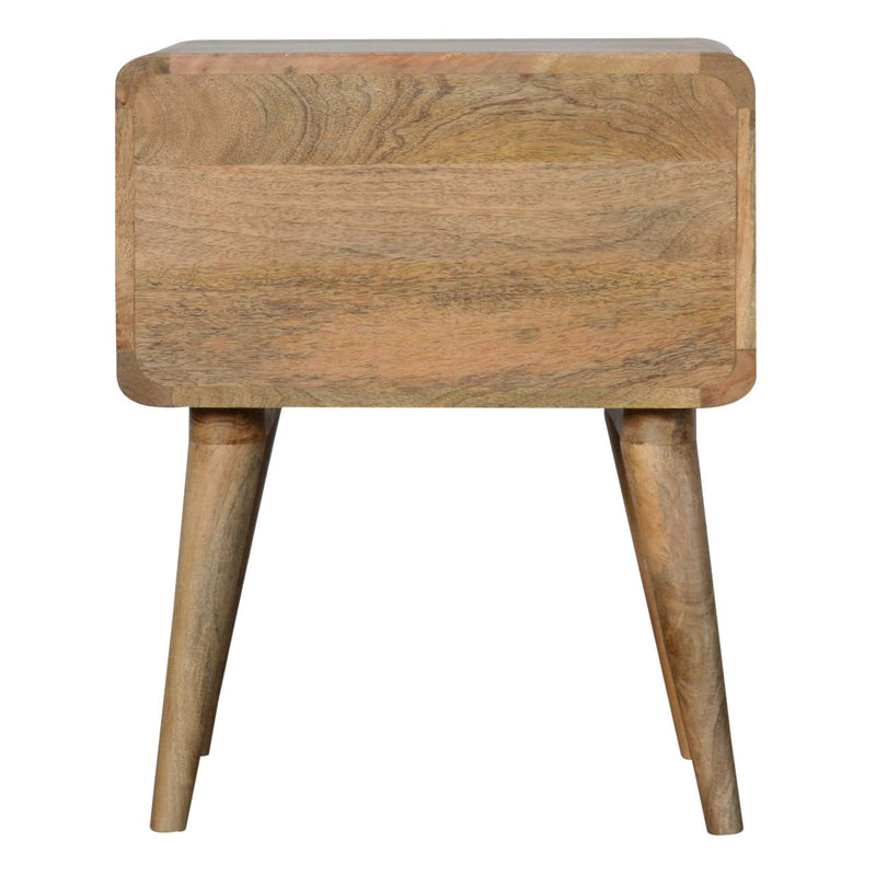 Oak nightstand with two drawers and solid wood back panel on tapered legs