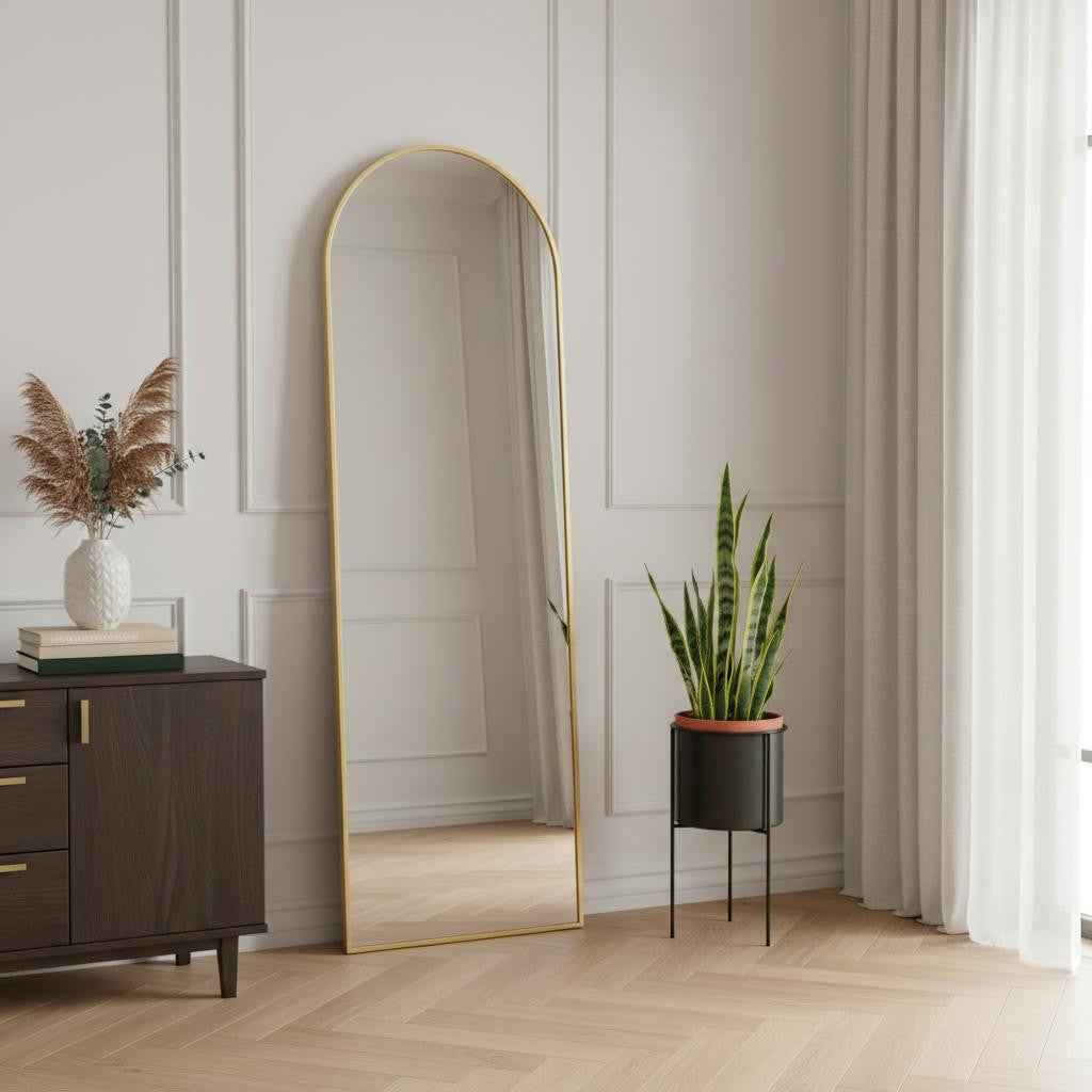 Gold Aluminum Arch Freestanding Ornate Framed Accent Mirror