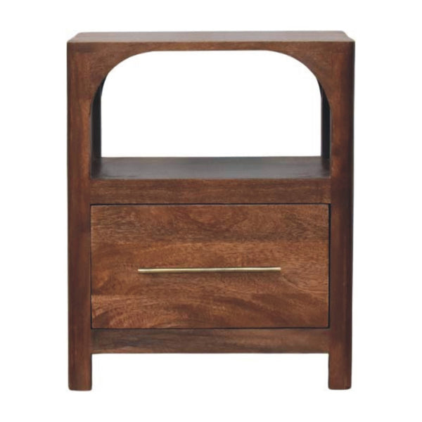 Brown solid wood nightstand with one drawer and arched open shelf, bar metal pull.