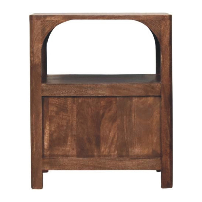 Brown solid wood nightstand with arched open shelf and one drawer, wooden front panel.