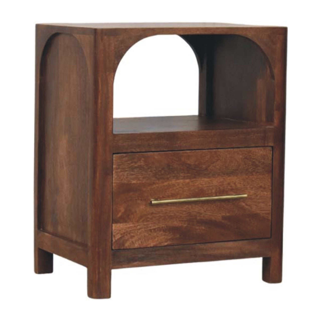 Brown solid wood nightstand with arched open shelf and one drawer, brass bar pull.