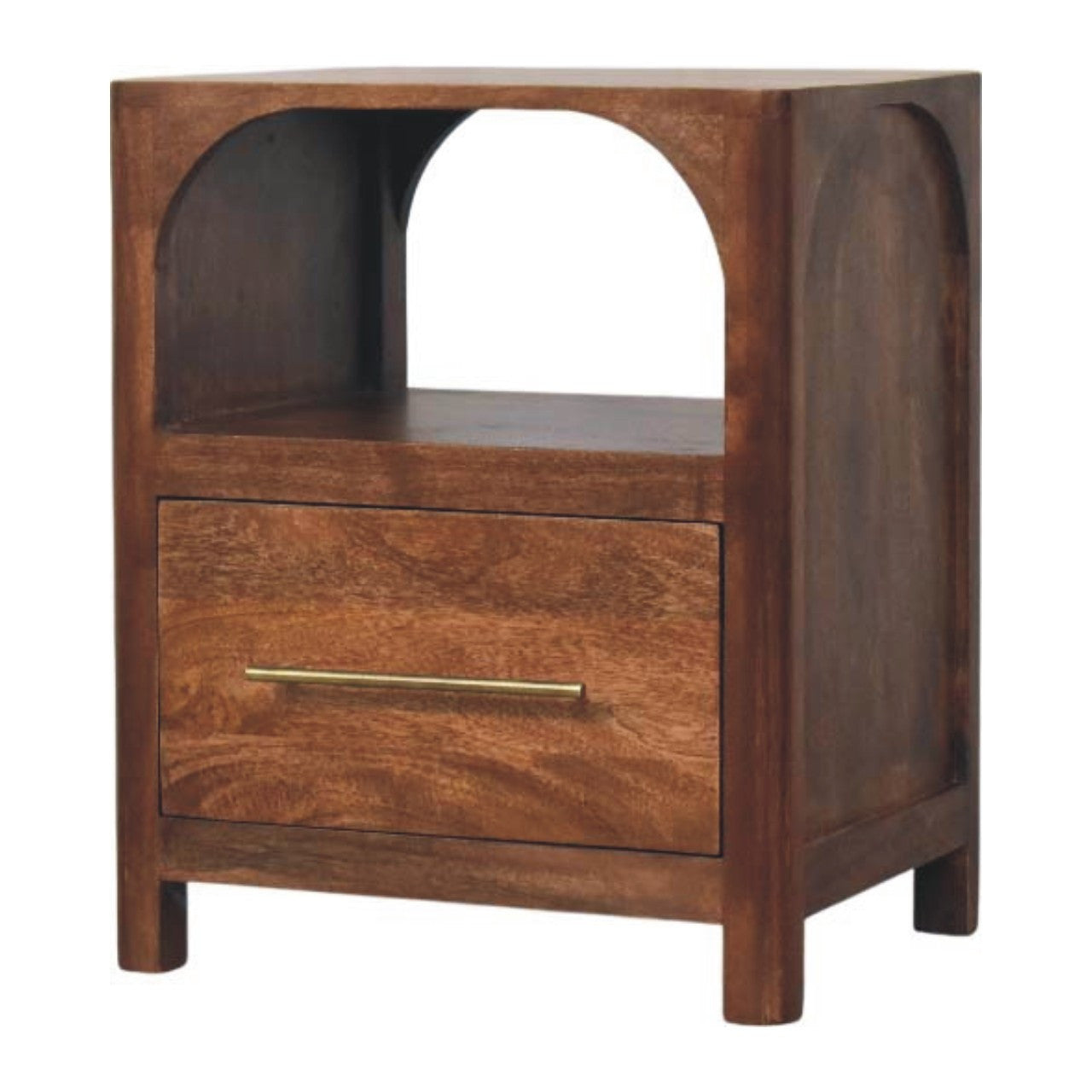 Brown solid wood nightstand with arched open shelf and one drawer, brass bar pull.