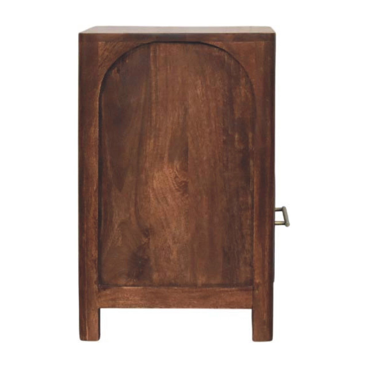 Brown solid wood nightstand back panel with arched top frame and wooden sides.