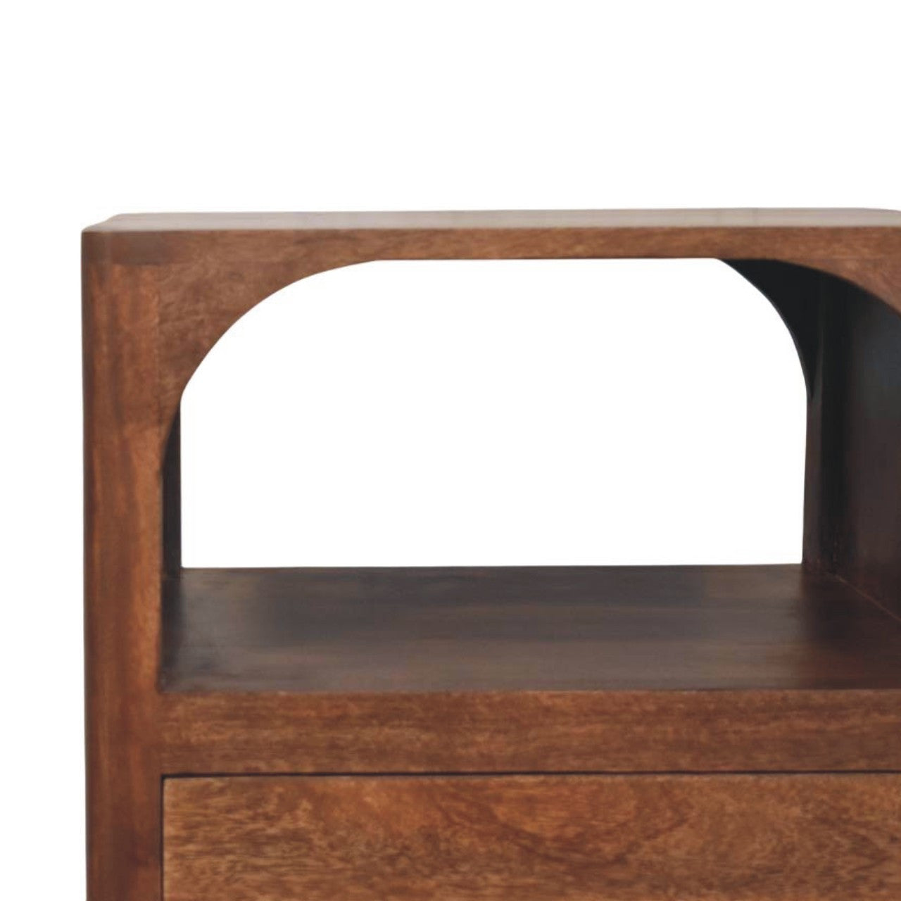 Brown solid wood nightstand with arched open shelf and smooth drawer front below.