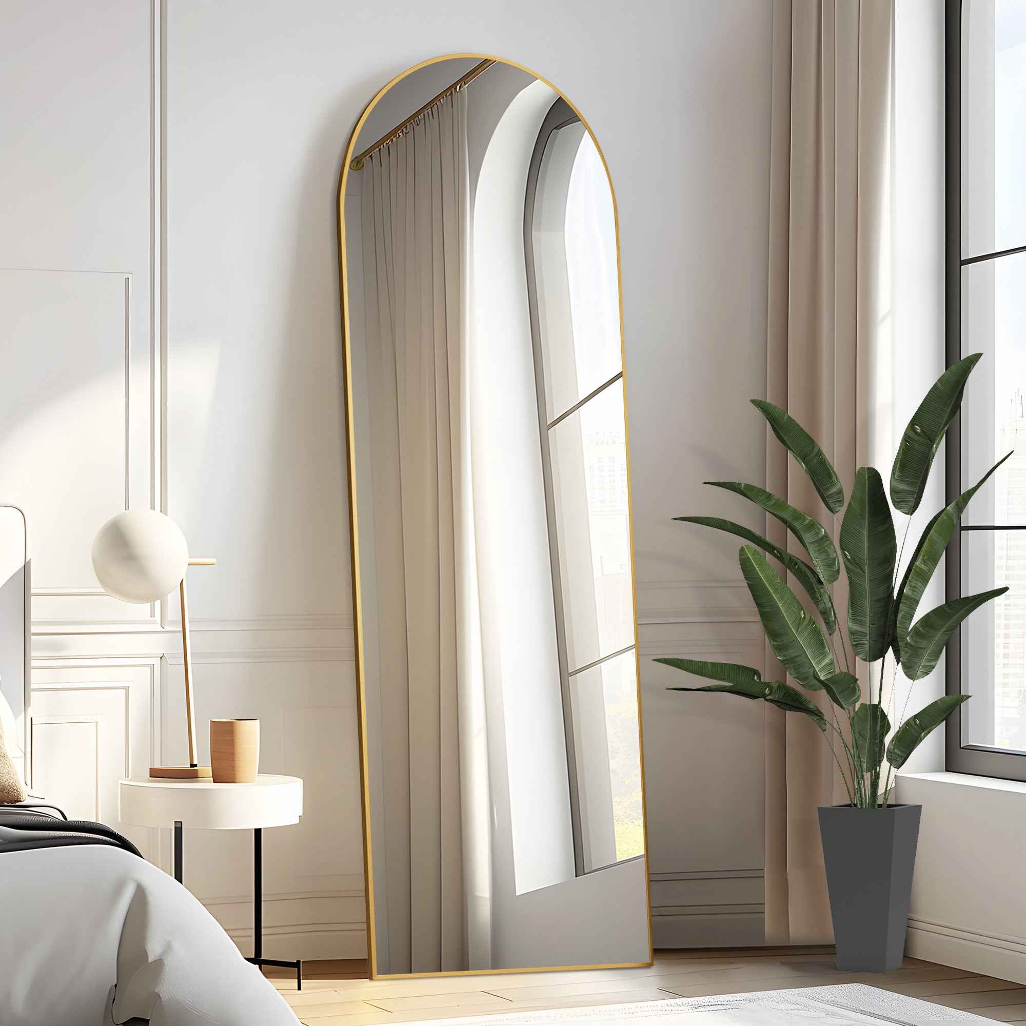 Gold Aluminum Arch Freestanding Ornate Framed Accent Mirror