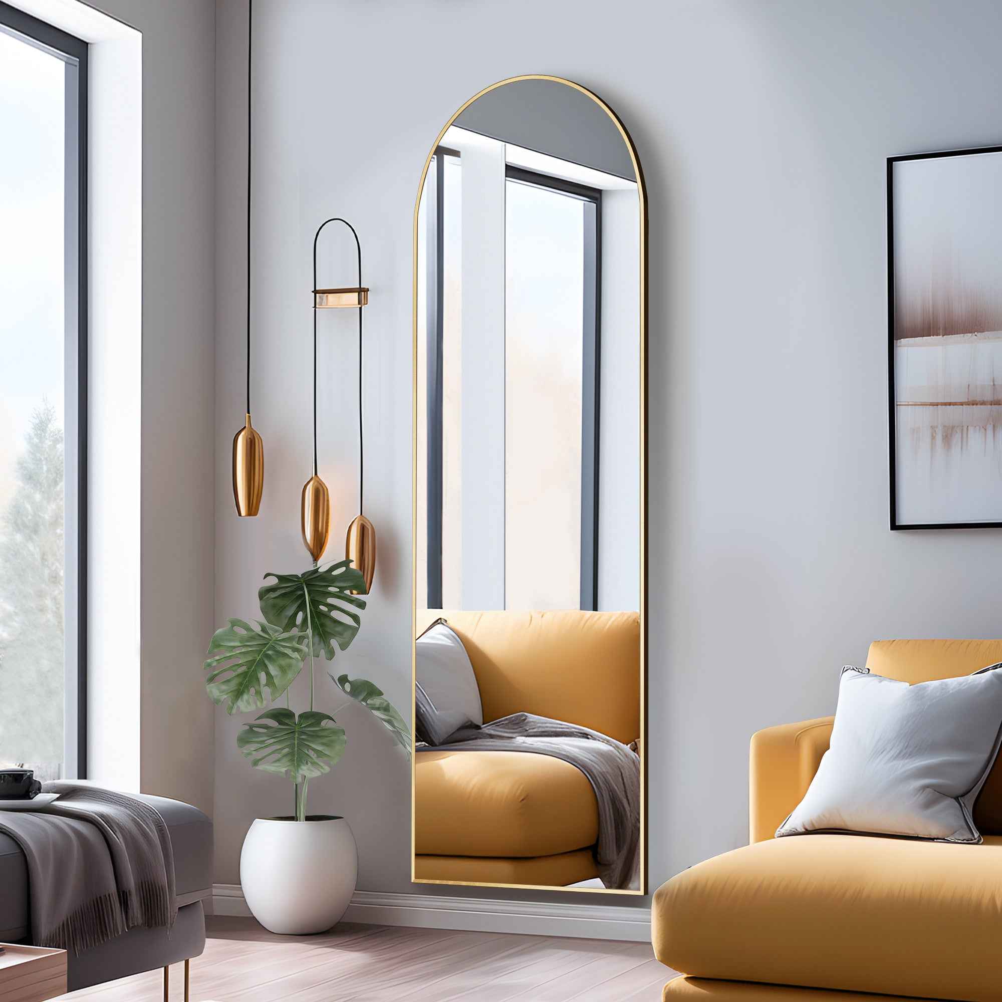 Gold Aluminum Arch Freestanding Ornate Framed Accent Mirror