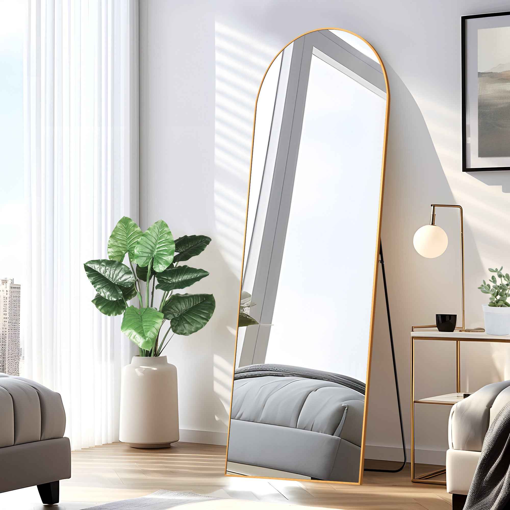 Gold Aluminum Arch Freestanding Ornate Framed Accent Mirror