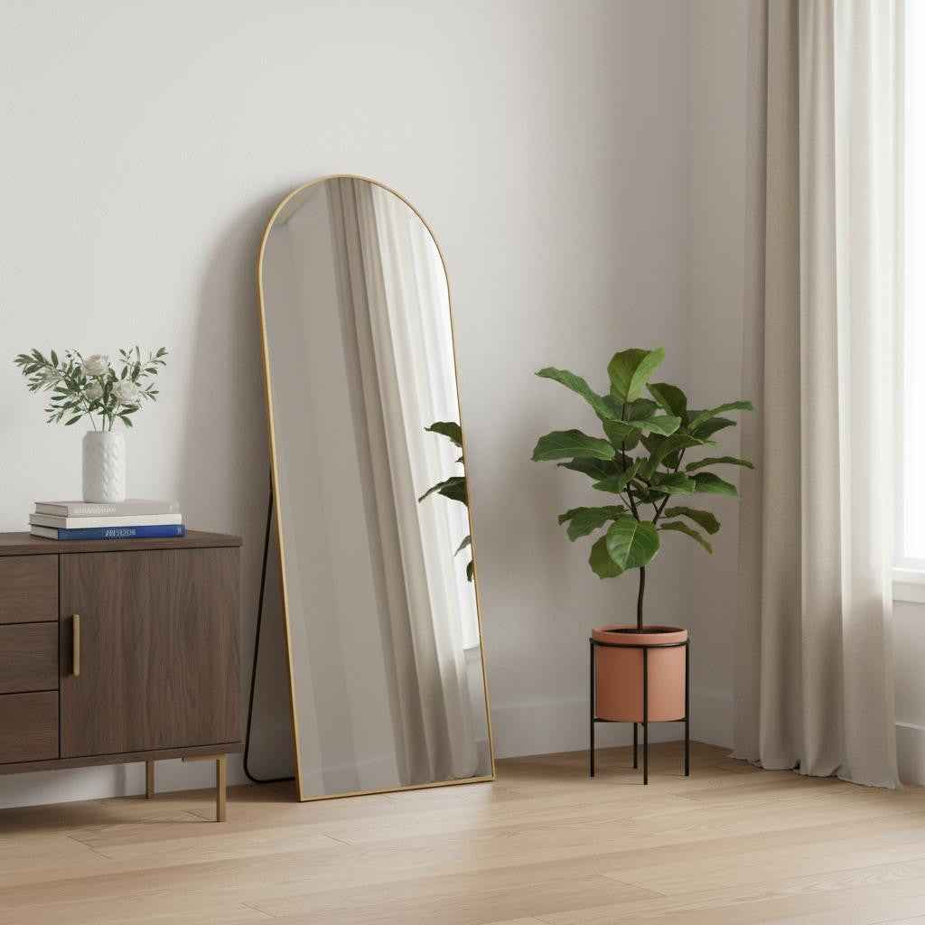 Gold Aluminum Arch Freestanding Ornate Framed Accent Mirror