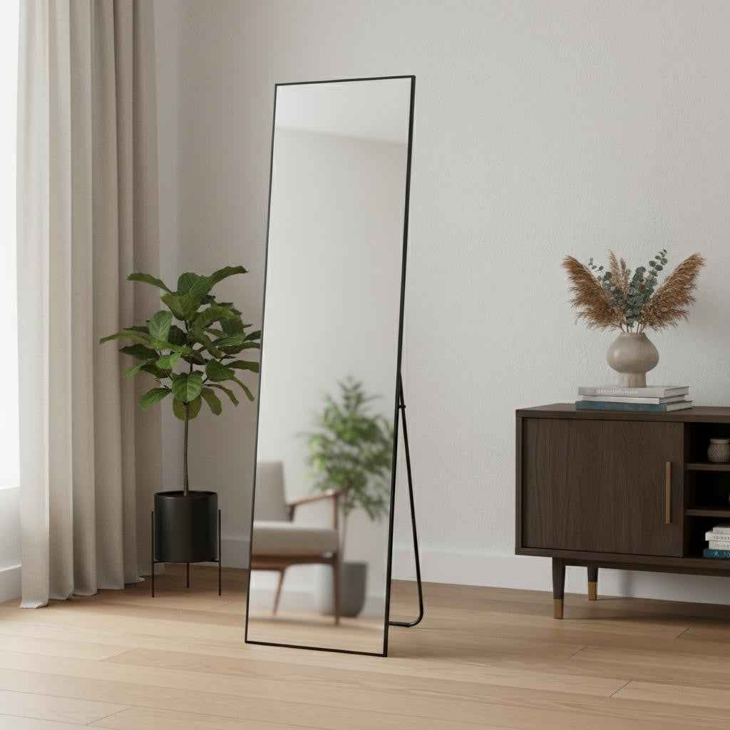 Black Aluminum Freestanding Ornate Framed Accent Mirror