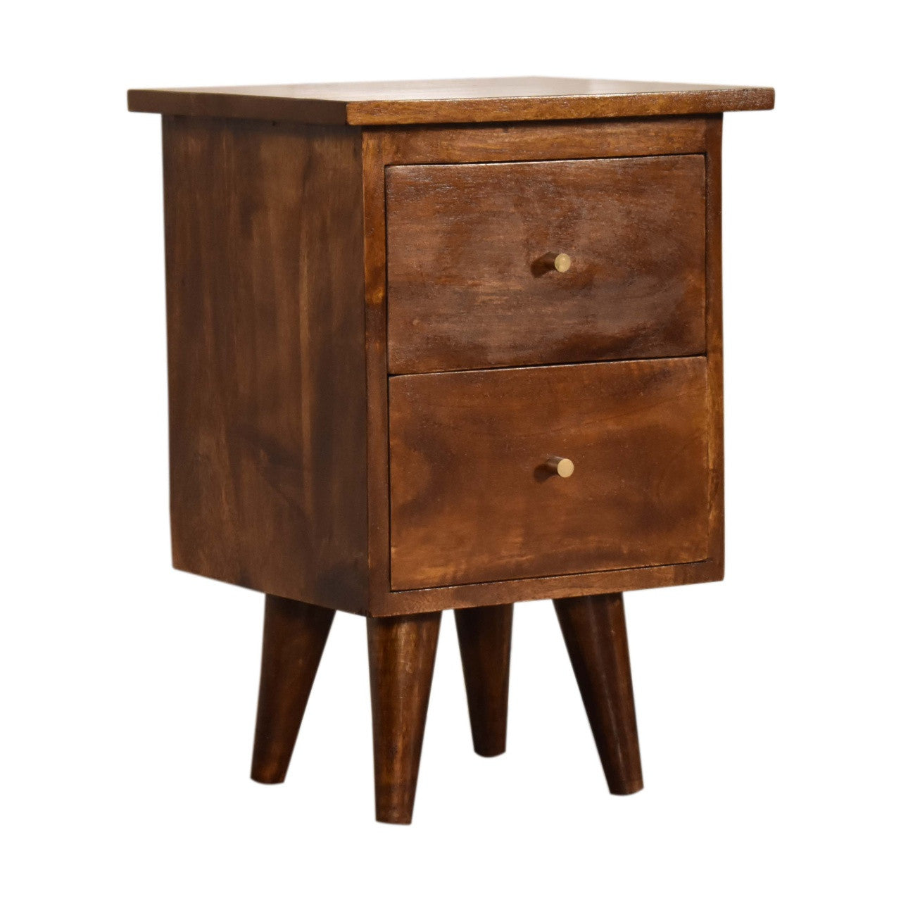 Chestnut solid wood nightstand with two drawers and round brass pulls